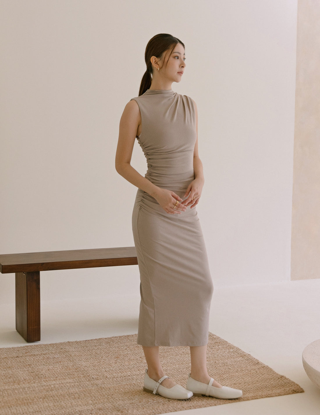 Emilia Ruched Dress in Taupe