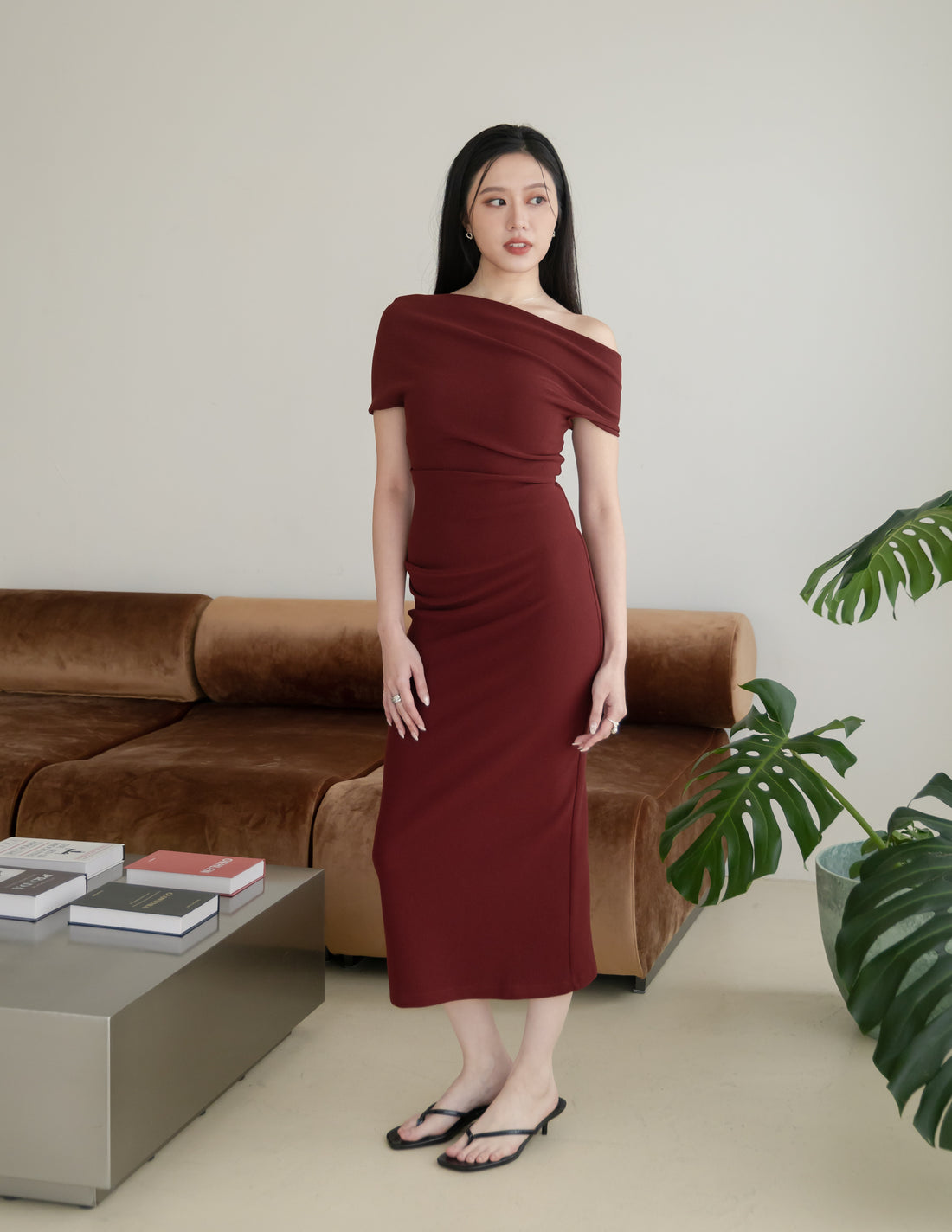 Janelle Asymmetrical Shoulder Dress in Burgundy