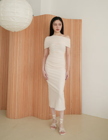 Janelle Asymmetrical Shoulder Dress in Beige