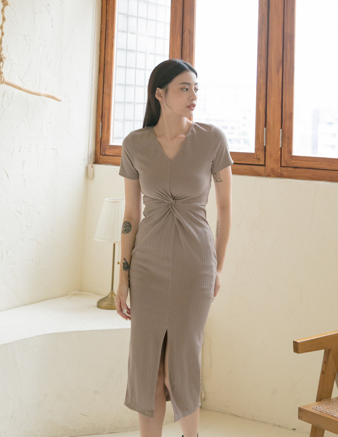 Mae Midi Dress in Taupe