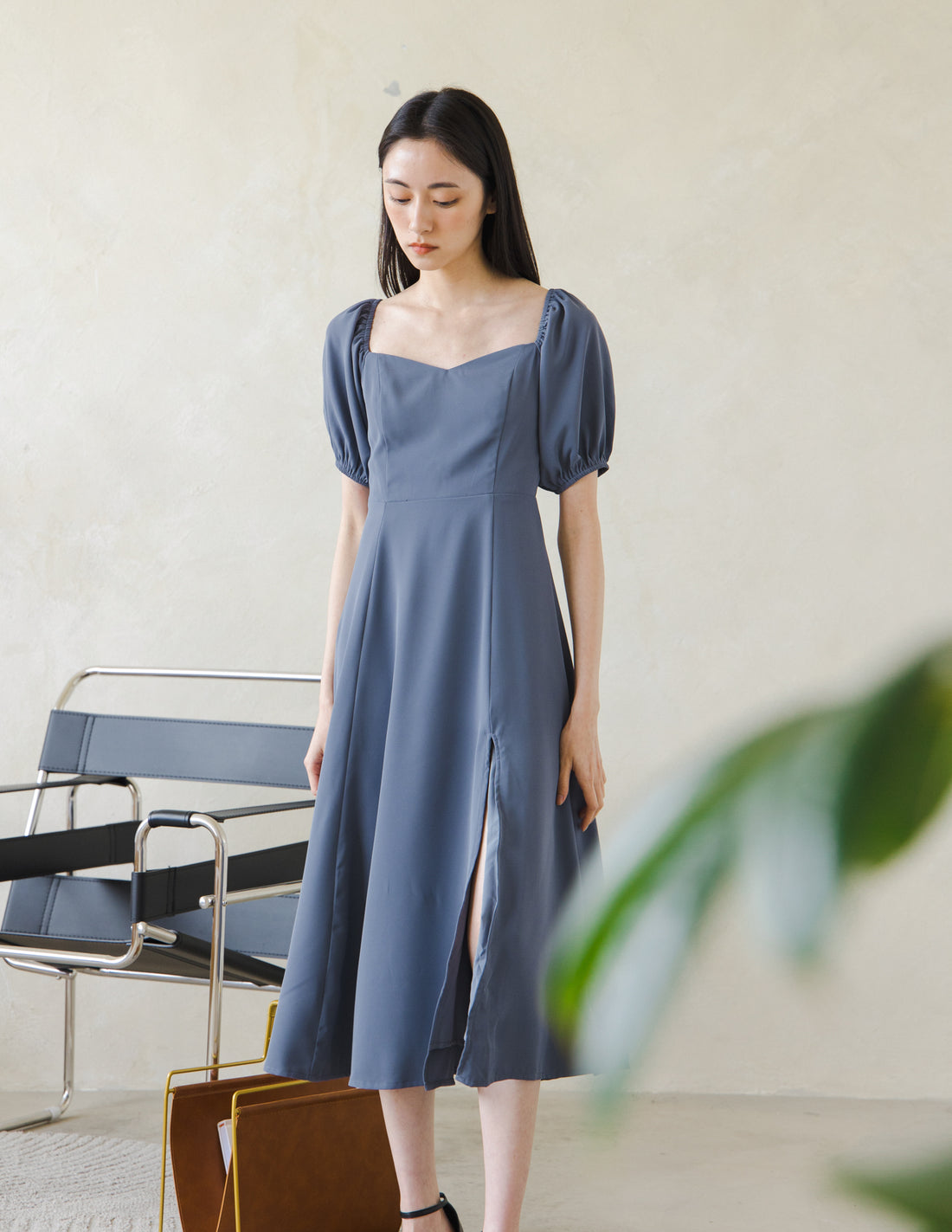 Camille Midi Dress in Steel Blue