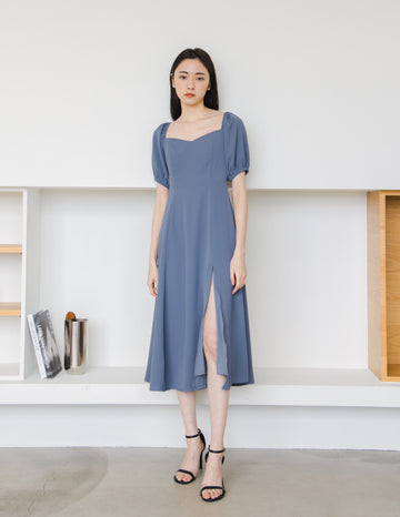 Camille Midi Dress in Steel Blue